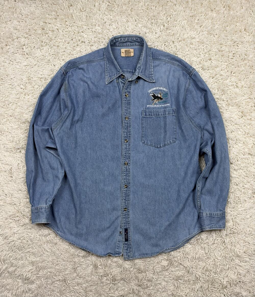 Vintage Southwest Airlines San Jose Sharks Denim Shirt Mens L Port Authority NHL